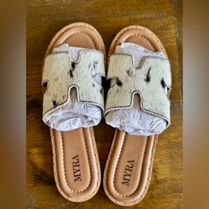 Myra Haircalf Slide Sandals with Studded Trim